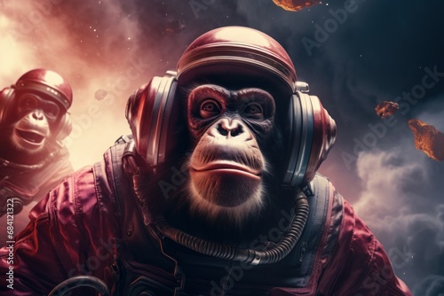 A group of monkeys dressed as astronauts explore space.