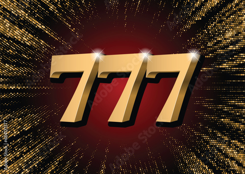 Three golden sevens 3d number. Against the backdrop of a stylish flash of gold sparkling from the center on a black background. Poster template for casino. Symbol Big win 777. Vector illustration