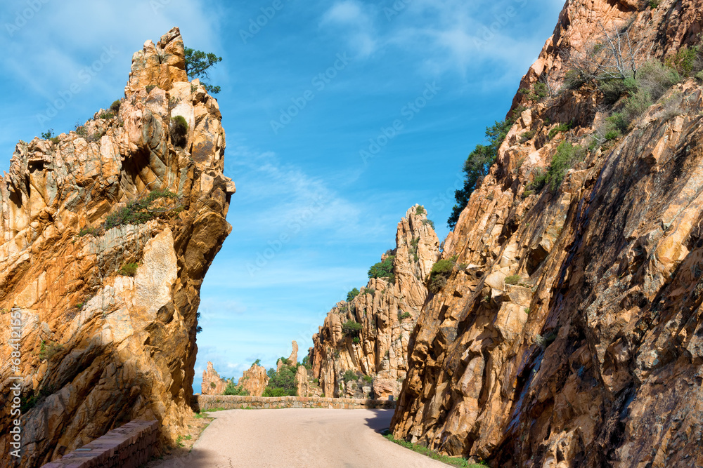 The winding roads which cross the magnificent creeks of Piana, a listed UNESCO World Heritage site in Corsica, France.