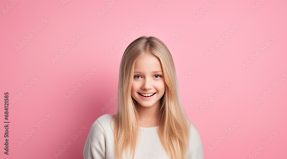 Naklejka premium Portrait of a blonde girl. Laughing girl, children's party, birthday