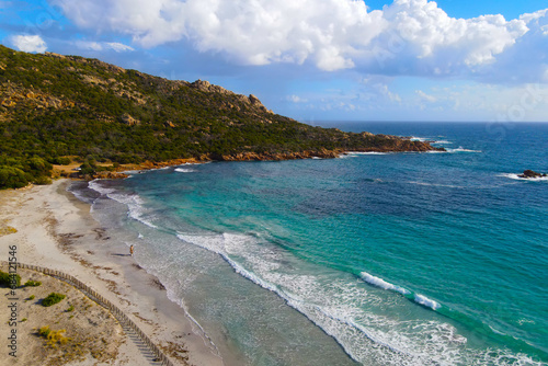 white sand and turquoise water, aerial view of the beautiful "roccapina" beach, Corsica, France