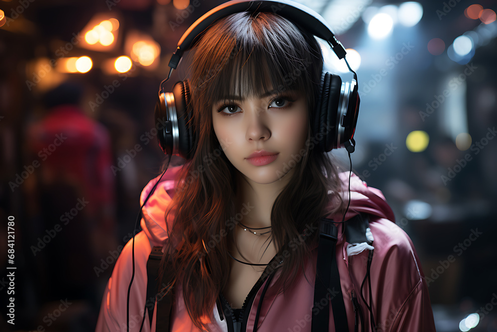 Cyberpunk cute Asian woman portrait futuristic neon style with headphone