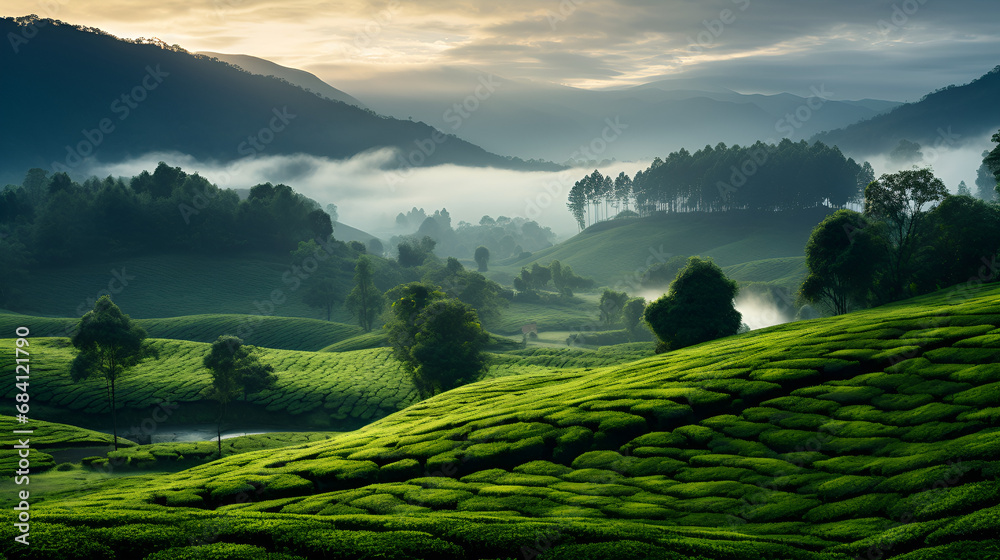 landscape with field and mountains, A tea plantationin the hills in China