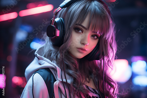 Cyberpunk cute Asian woman portrait futuristic neon style with headphone