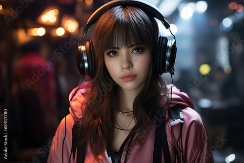 Cyberpunk cute Asian woman portrait futuristic neon style with headphone