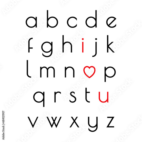 Logo del día de San Valentín. Fuente con corazón. Texto i love you en letras de abecedario para su uso en felicitaciones y tarjetas