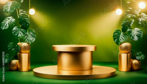 Golden podium for presenting goods on a green background. The podium is decorated with monstera leaves