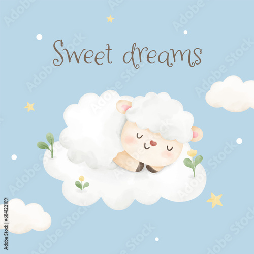 Baby sheep sleeping on cloud For nursery birthday kids