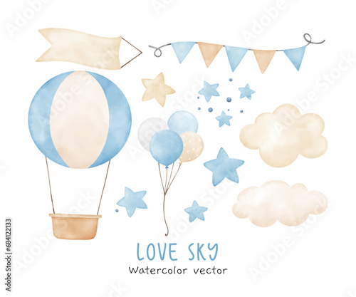 Watercolor adventure in sky element for kids Perfect for nursery Birthday party boy Print for invitation card Poster Template