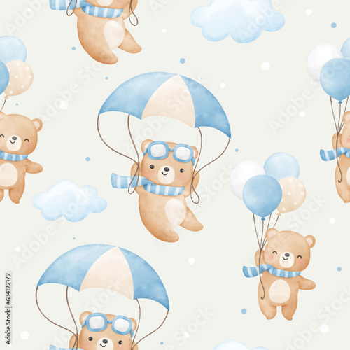 Seamless pattern adventure bear in sky For baby shower Greeting card Clothing kids Fabric print © Luckycatarts