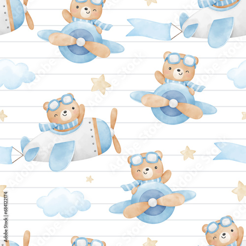 Seamless pattern adventure bear in airplane For baby shower Greeting card Clothing kids Fabric print