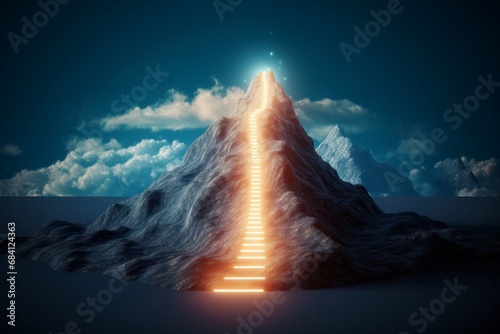 Path to success concept, with glowing light path going up the mountain illustration, Generative AI photo