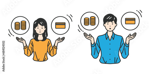 支払い方法の選択 - 一括払いと分割払いの天秤を表している人物イラスト