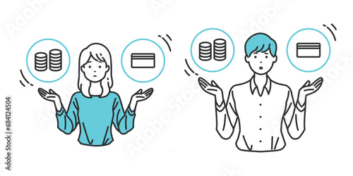 支払い方法の選択 - 一括払いと分割払いの天秤を表している人物イラスト