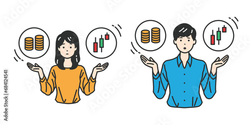 財務選択の天秤 - 貯金と投資のバランスを考える人物イラスト