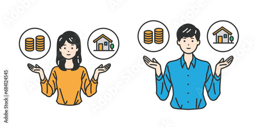 財務選択の天秤 - 貯金と投資のバランスを考える人物イラスト