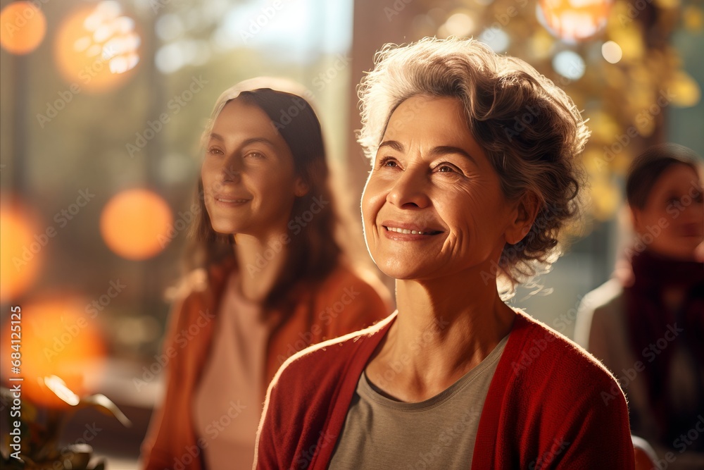 Obraz premium Elderly Women Embracing Serenity. Group Yoga Practice, health for older people