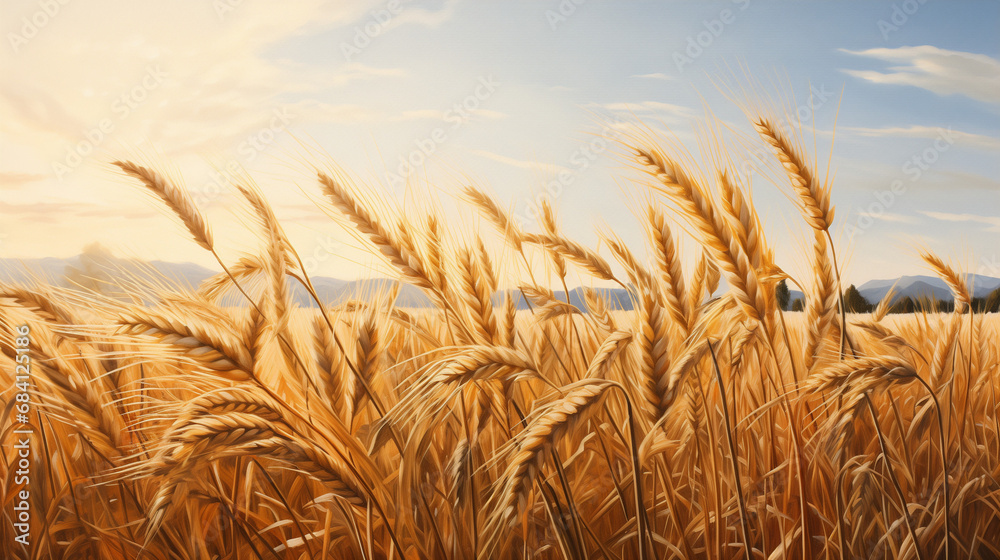 A Picturesque Landscape Featuring a Vast Field of Golden Ripened Wheat, Sun-Kissed and Ready for Harvesting. Mature Wheat Ears Swaying in the Gentle Breeze