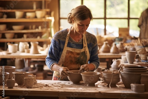 Artisan Potter Crafting Ceramic Bowl in Sunlit Studio”