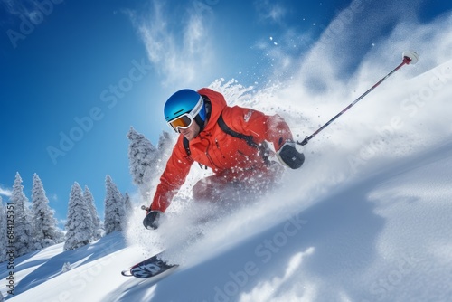 Skier in Red Jacket Making a Turn on Snowy Mountain photo