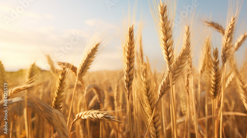 A Picturesque Landscape Featuring a Vast Field of Golden Ripened Wheat  Sun-Kissed and Ready for Harvesting. Mature Wheat Ears Swaying in the Gentle Breeze