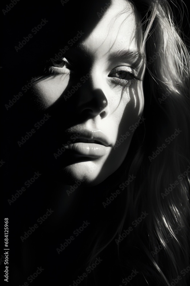 captivating black and white closeup portrait of a young woman in harsh light