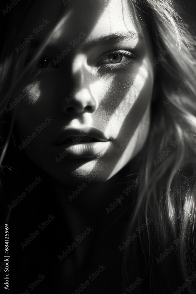 captivating black and white closeup portrait of a young woman in harsh light