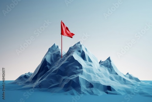 Abstract blue mountain with red flag on top, success concept, illustration, Generative AI