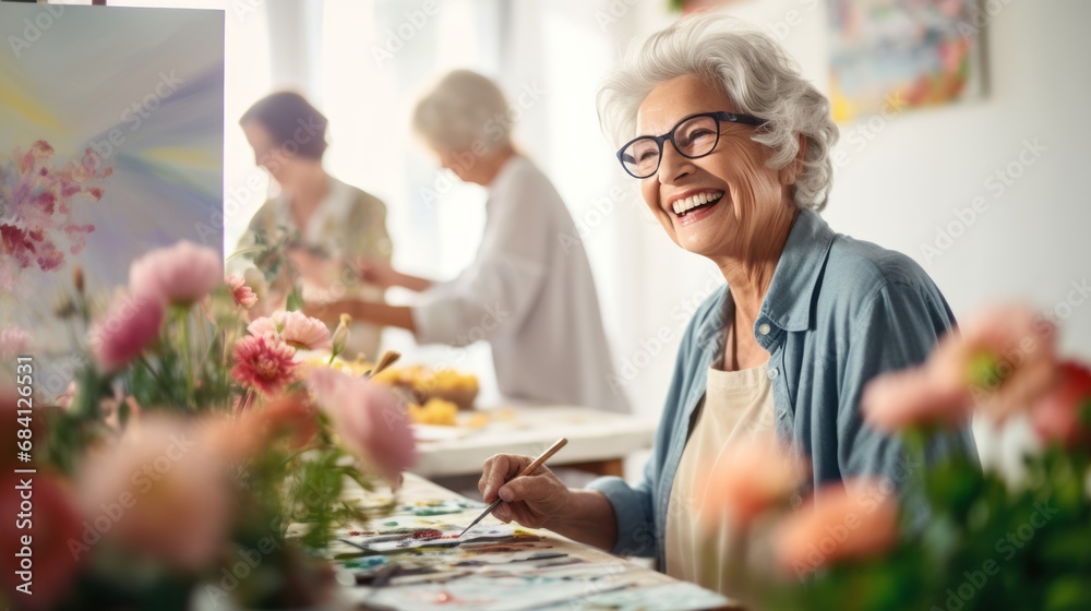 A senior woman, a smiling artist, enjoys painting activities in the studio with her friends in art class. A senior woman, a smiling artist, enjoys painting activities in the studio with her friends in art class.