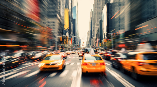 Yellow taxi cars in movement with motion speed blur on crowded stret © Boraryn