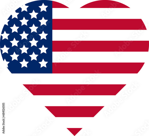 Simple icon of American or USA flag in heart or circle shape on transparent background