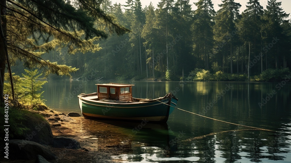 Boat on the bank of the river in the early morning