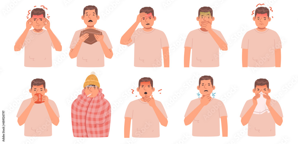 Man with the flu. Set of cold symptoms, headache, runny nose, cough ...