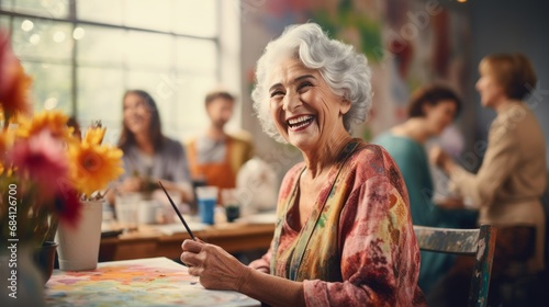 A senior woman, a smiling artist, enjoys painting activities in the studio with her friends in art class. photo