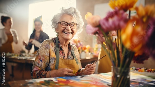 A senior woman, a smiling artist, enjoys painting activities in the studio with her friends in art class. photo