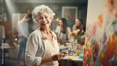 A senior woman, a smiling artist, enjoys painting activities in the studio with her friends in art class.
