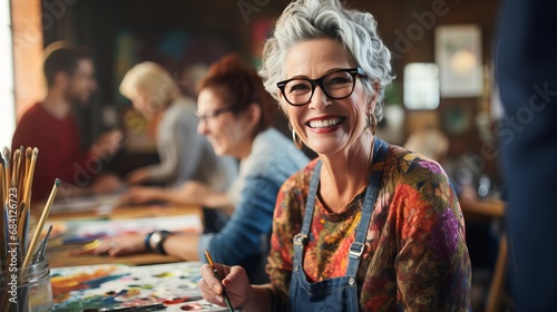 A senior woman, a smiling artist, enjoys painting activities in the studio with her friends in art class. photo