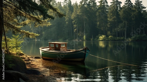 Boat on the bank of the river in the early morning photo