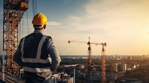 engineer man or architect looking forward with white safety helmet in city construction site . Standing on rooftop building construction at capital.