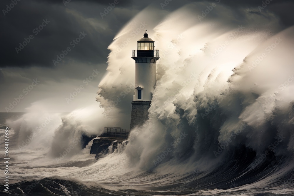 Storm with big waves over the lighthouse at the ocean, Generative AI