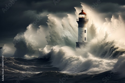 Storm with big waves over the lighthouse at the ocean, Generative AI 
