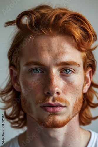 A close-up portrait of a handsome redhead young man, a guy with freckles, expressive cheekbones, a serious direct look at the camera on a gray background. © liliyabatyrova