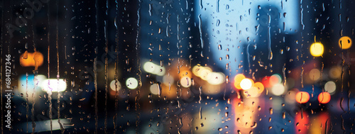 窓から見た夜景、雨の高層ビル、A wide photo of the image of rain. Illumination of the town. text space. Rain dripping down the window.Generative AI photo