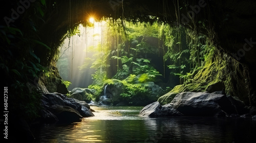 Beautiful waterfall with sunlight in the jungle. Waterfall streams in the green jungle arched cave