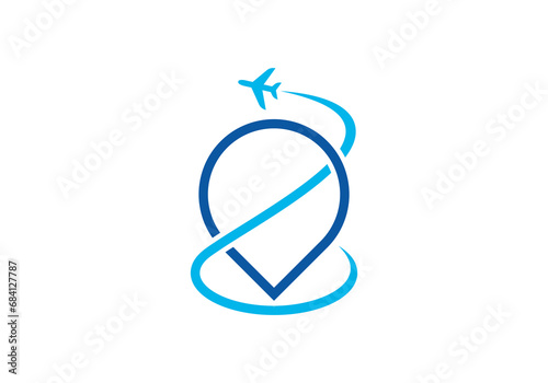 tour and travel logo design. airplane with pin icon vector illustration.
