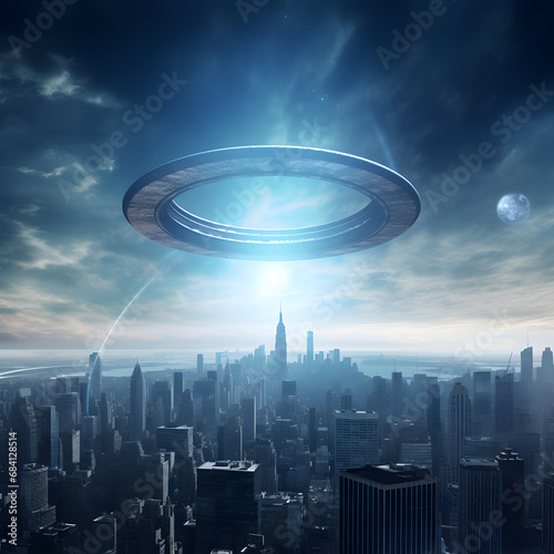 3d render of modern city with futuristic architecture and lens flare effect and ufo spaceship © wing