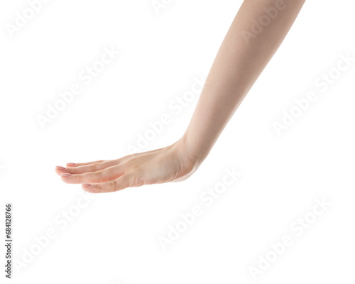 Young woman hand press on something with flat palm isolated on white
