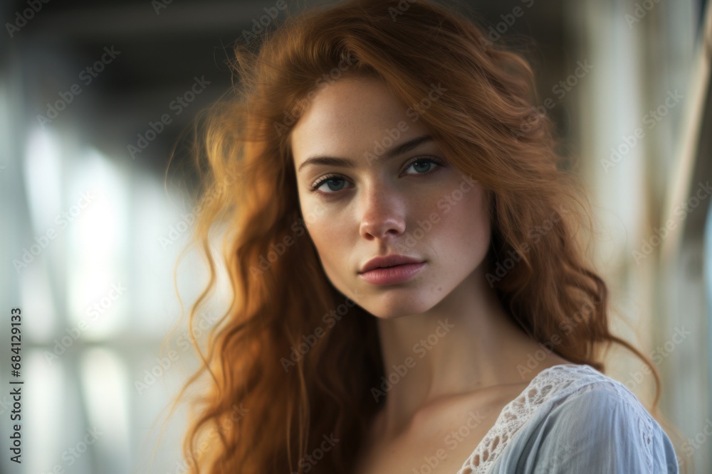 Naklejka premium Beautiful attractive romantic woman with smooth healthy face skin and curly hair. Dreamy lighting and hazy effect 