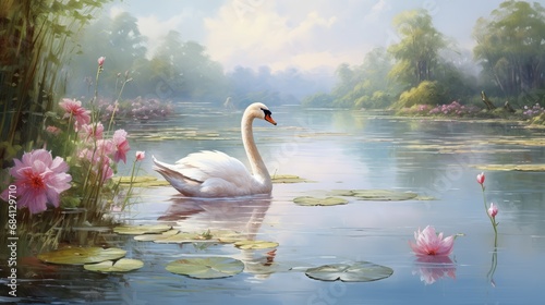 Fototapeta Naklejka Na Ścianę i Meble -  Peaceful lakeside scene with swans