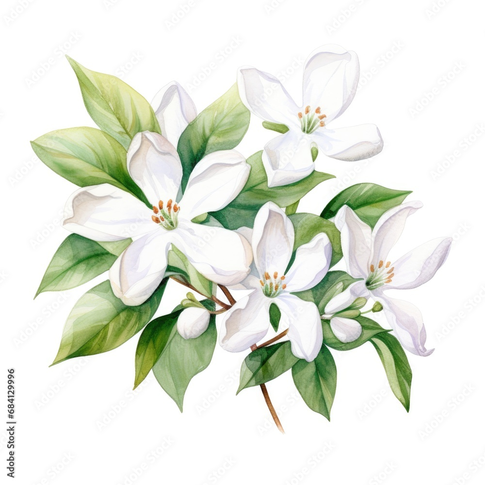 watercolor jasmine flowers illustration on a white background.